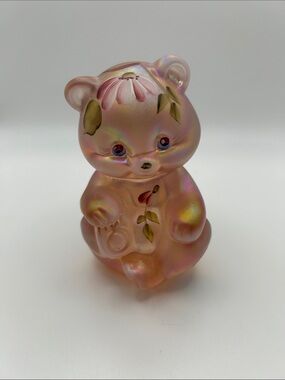 Vintage Fenton Iridescent Pink Floral Bear singed for by Diana Wright.